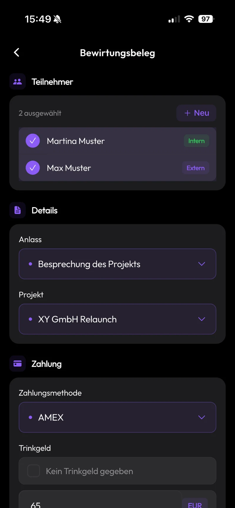 Teilnehmer, Anlass, Projekt und Trinkgeld in der nativen App ergänzen