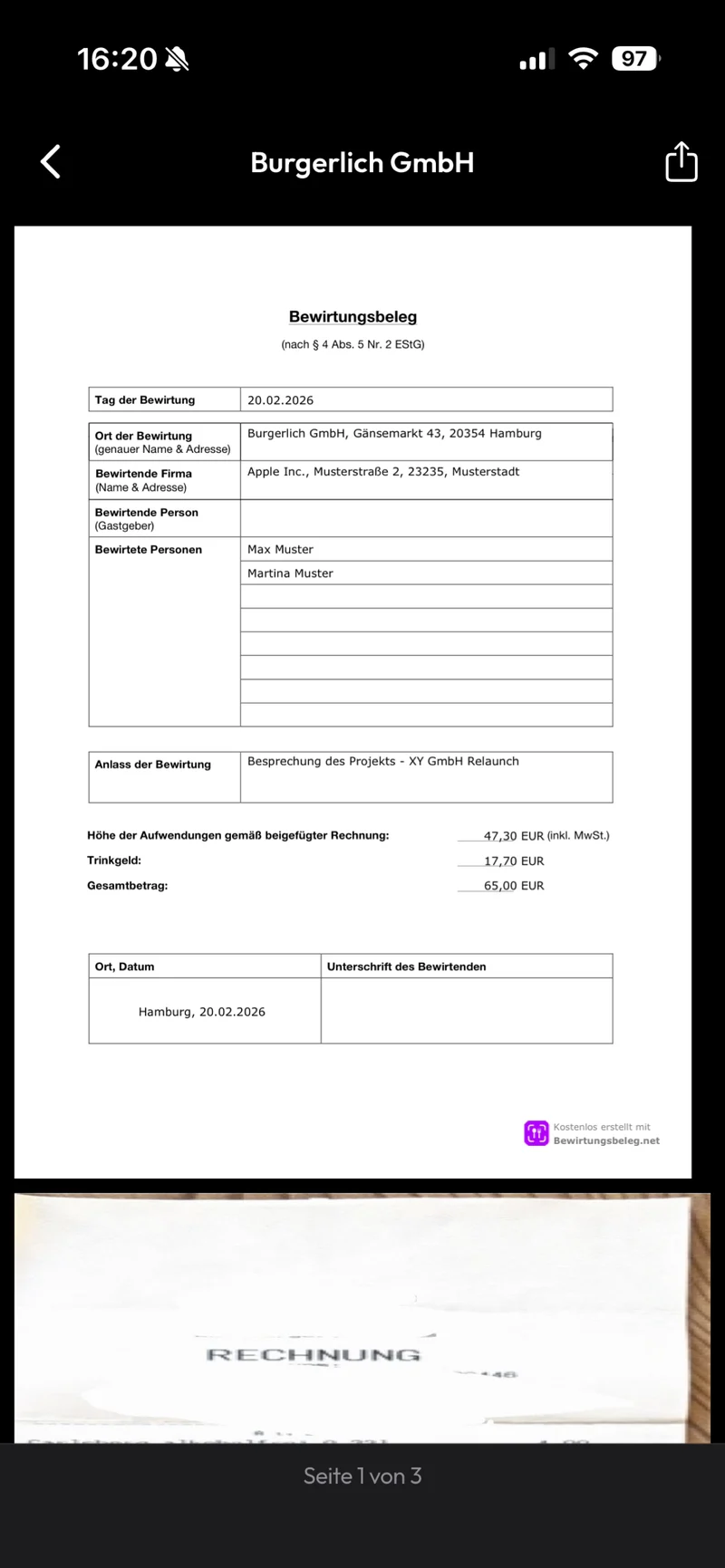 In der neuen App erstellter Bewirtungsbeleg als PDF