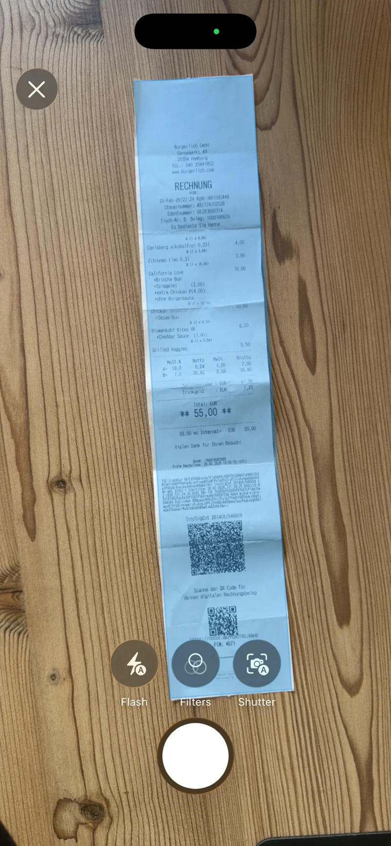 Restaurantbeleg mit der Kamera in der nativen App erfassen