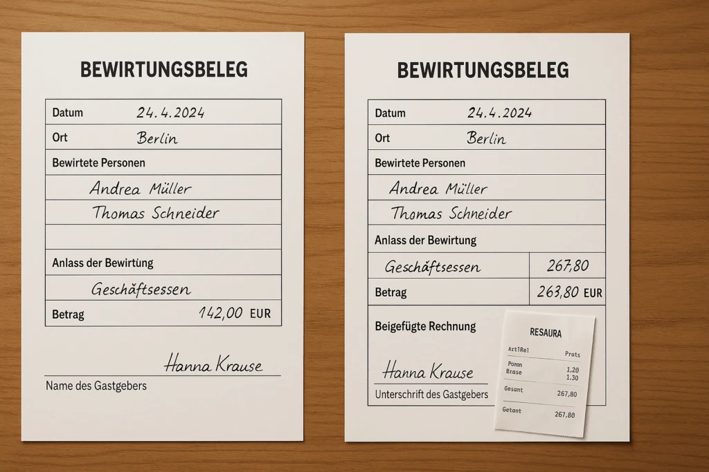 Checkliste für einen Bewirtungsbeleg über 250 Euro mit allen Pflichtangaben